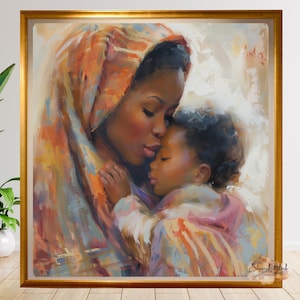 Arte murale &quot;Abbraccio di una madre nera&quot;, stampa di una mamma e un bambino afroamericani, download digitale per la festa della mamma, poster di una famiglia afrocentrica, arte dell&#39;amore nero