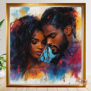 Black Love Art, Mixed Media Painting, Romantic African American Art, Luxury Wall Décor, Digital Download, Gift for Couples, Vibrant Fine Art