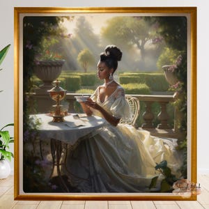 Black Victorian Tea Portrait | African American Royal Wall Art | Printable Elegant Garden Scene | Regal Black Woman Fine Art | Gift for Her