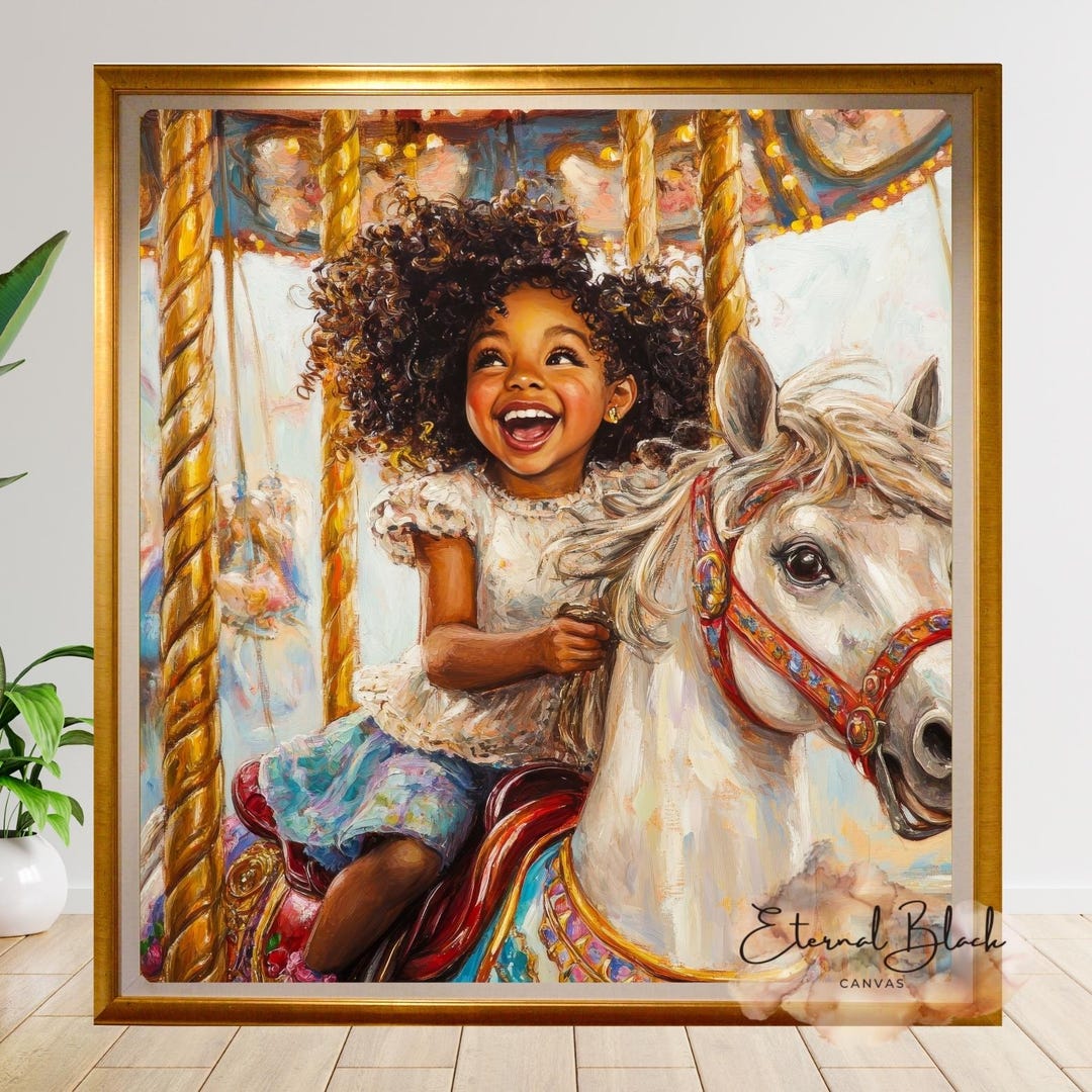 Black Girl Joy Art Poster, Black Girl on Carousel Horse, Whimsical