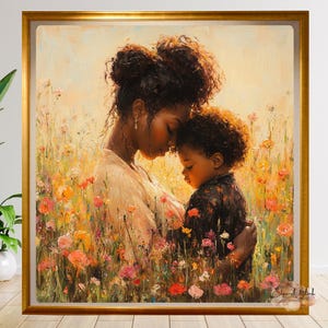 Black Mother Wall Art, Black Motherhood Print, Digital Oil Painting, Black Mom & Child, Mother’s Day Gift, Black Family Art, Black Art