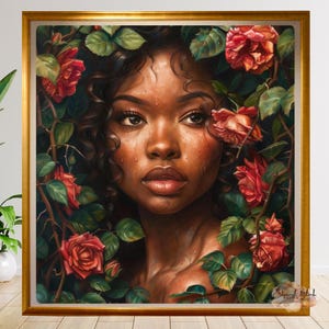 Beautiful Black Woman Portrait | Afrocentric Rose Art Print | Digital Download | Gift for Her  | Realistic African American Painting