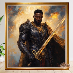 Black King Warrior Art | African American Fantasy Knight Wall Art | Heroic Digital Download | Royal Black Man Portrait | Gift for Him