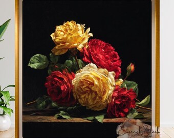 Vintage Still Life Oil Painting, Digital Wall Art Print, Classic Floral, Moody Floral Painting, Botanical Rose Art, Vintage Flower Print