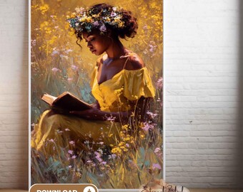 Mujer negra leyendo en un prado, impresión de niña negra, descarga de niña negra, mujer negra, póster negro, afroamericano, descarga instantánea negra