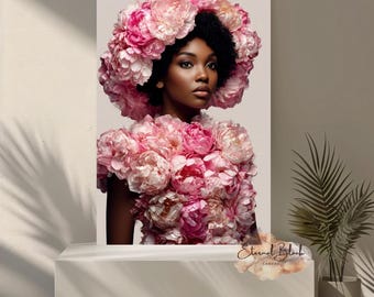 Afrocentric Floral Queen Wall Art | Black Woman Portrait with Pink Blossoms | African American Digital Fine Art Print