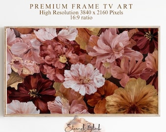 Fall Painting Frame TV Art, Burgundy & Blush Metallic Floral Oil Painting | Samsung Frame TV Art, Moody Fall, Digital Download (3840×2160)