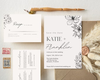 Minimalist Wedding Invitation Template Set Neutral Wedding Invitation Set Floral Wedding Invitations Spring Printable Wedding Invite Rustic