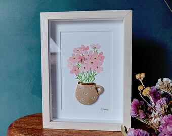 One of a kind cute 3D watercolor and clay composition pink daisies in a clay mug