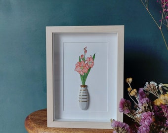 August birth flowers - One of a kind cute 3D watercolor and clay composition of gladiolus flower bouquet and hand molded clay vase