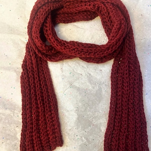 Handmade Unisex Dark Red (Cranberry) Crochet Skinny Scarf with Ribbing