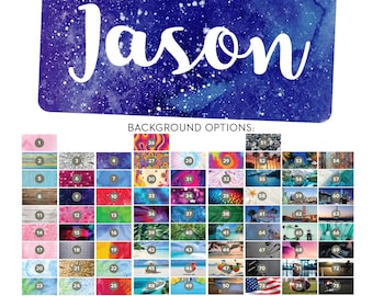 May include: A customizable nameplate with the name "Jason" in white cursive lettering on a blue watercolor background with white speckles.  The image shows a grid of 99 different background options for the nameplate.