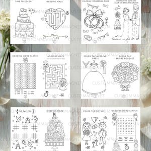 May include: A collection of black and white activity sheets featuring wedding-themed illustrations, including mazes, word searches, tic-tac-toe, and coloring pages with images of cakes, rings, a bride, a groom, a dress, and a bouquet.