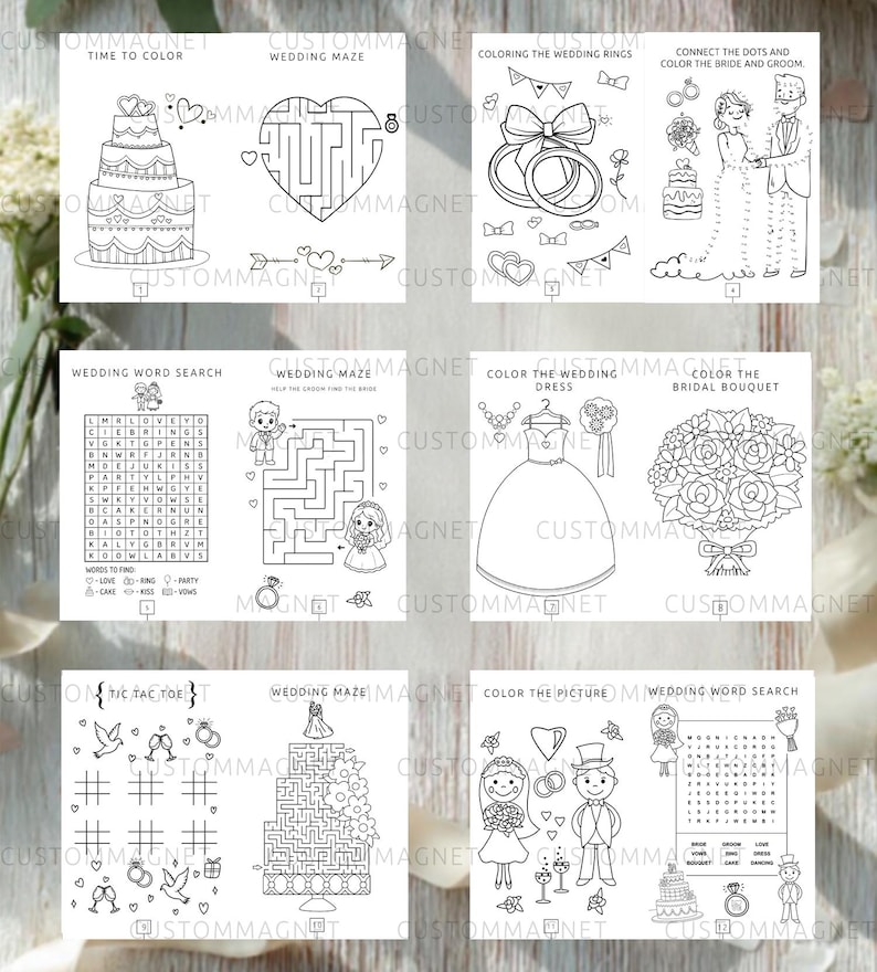 May include: A collection of black and white activity sheets featuring wedding-themed illustrations, including mazes, word searches, tic-tac-toe, and coloring pages with images of cakes, rings, a bride, a groom, a dress, and a bouquet.