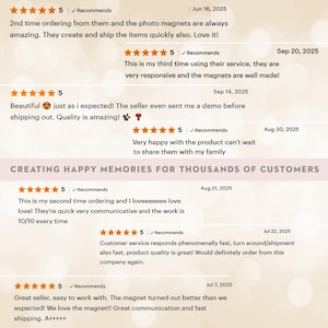 May include: A light beige background displays customer reviews with star ratings and dates. The reviews praise the product quality, customer service, and fast shipping. The text "CREATING HAPPY MEMORIES FOR THOUSANDS OF CUSTOMERS" is also visible.