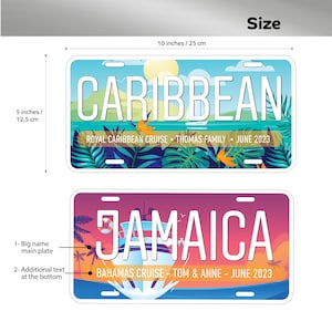 May include: Two colorful license plate style designs with tropical themes. The top plate says "CARIBBEAN" with the text "ROYAL CARIBBEAN CRUISE - THOMAS FAMILY - JUNE 2023". The bottom plate says "JAMAICA" with the text "BAHAMAS CRUISE - TOM & ANNE - JUNE 2023".