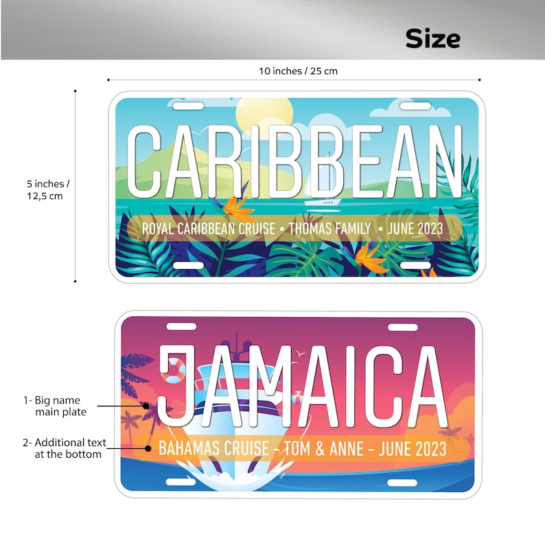 May include: Two colorful license plate style designs with tropical themes. The top plate says "CARIBBEAN" with the text "ROYAL CARIBBEAN CRUISE - THOMAS FAMILY - JUNE 2023". The bottom plate says "JAMAICA" with the text "BAHAMAS CRUISE - TOM & ANNE - JUNE 2023".