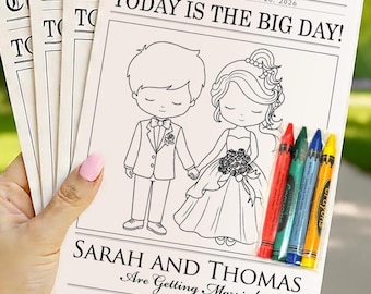 Livre d'activités à colorier de mariage pour enfants, couverture de style journal - livre d'activités de mariage, cadeau de table de réception, personnalisé