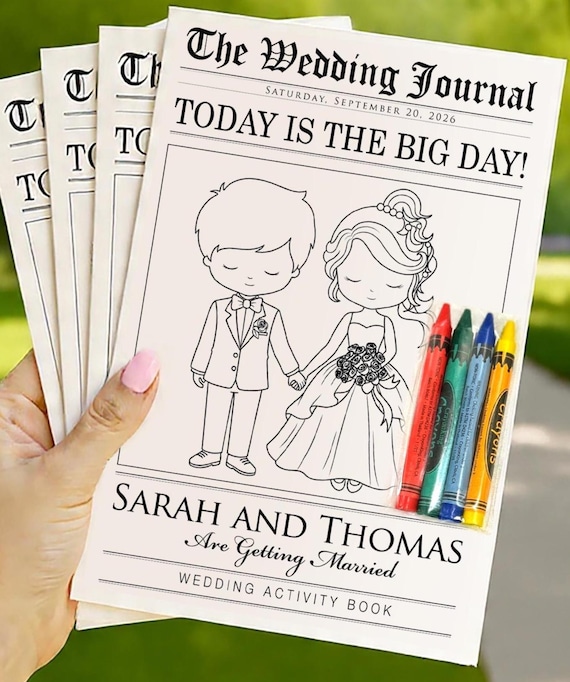 Wedding Coloring Activity Book for Kids, Newspaper Style Cover - Wedding Activity Book , Reception Table Favor, Personalized