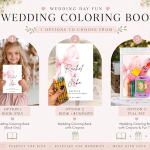 May include: A wedding coloring book with three purchase options: a book only, a book with four crayons, or a full set including a book, crayons, and small toys. Each book features a pink bow graphic and the text Rachel & Jake, Olivia's Activity Book.