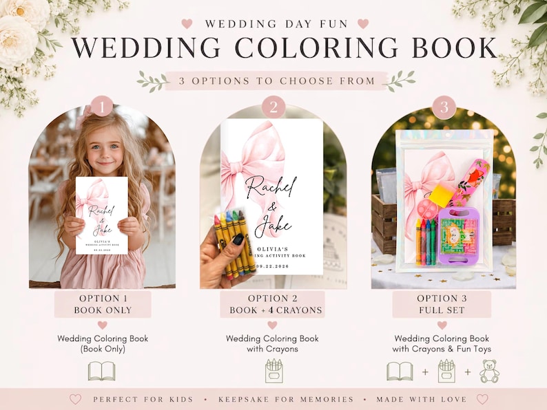 May include: A wedding coloring book with three purchase options: a book only, a book with four crayons, or a full set including a book, crayons, and small toys. Each book features a pink bow graphic and the text Rachel & Jake, Olivia's Activity Book.