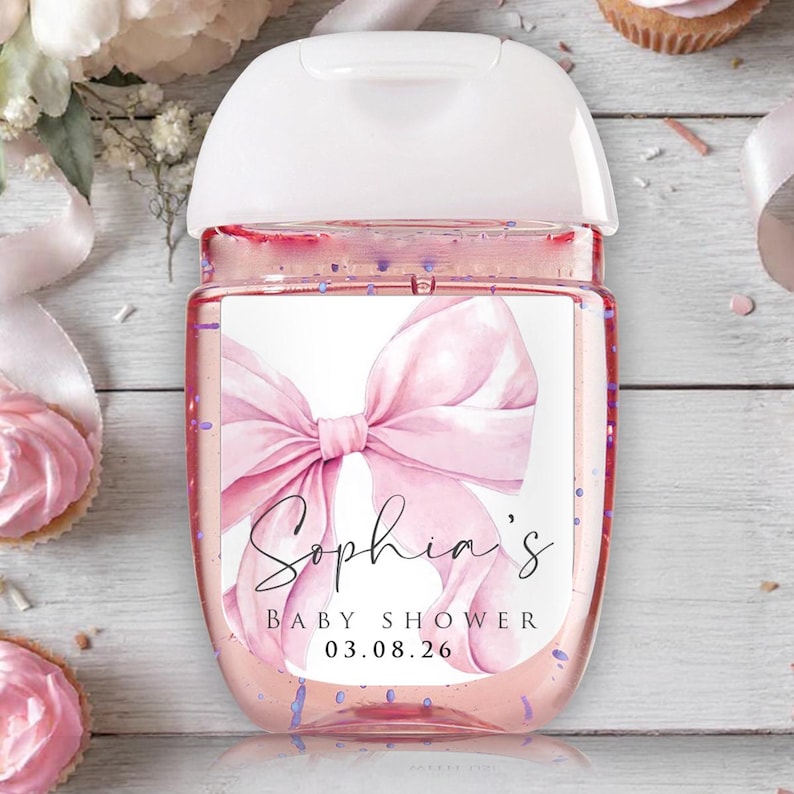 Baby Shower Party Favor - 30 Hand Sanitizer Labels - Pink Bow Baby Shower Theme Favors - BabyShower Stickers for Favor- Gender Reveal Favor image 1