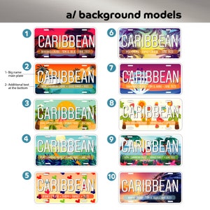 May include: Ten different designs for a Caribbean license plate. Each plate features a different background image, including palm trees, sunsets, and ocean waves. The text "CARIBBEAN" is printed in white on each plate.