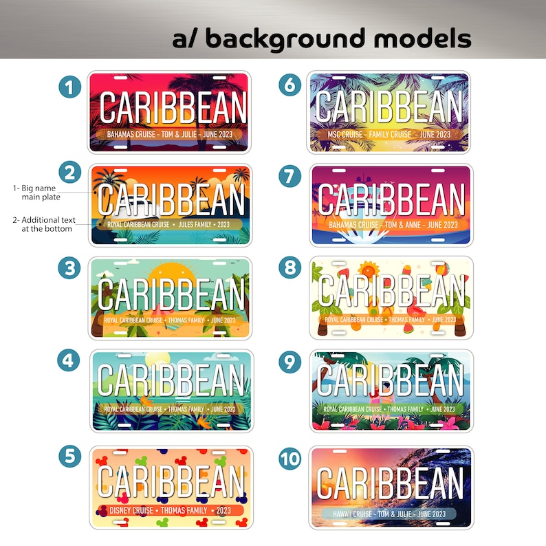 May include: Ten different designs for a Caribbean license plate. Each plate features a different background image, including palm trees, sunsets, and ocean waves. The text "CARIBBEAN" is printed in white on each plate.