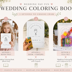 May include: A wedding coloring book set with three options: book only, book with crayons, and a full set including crayons and toys. The cover features an arched design with names, dates, and a line art illustration of a wedding cake or bouquet.