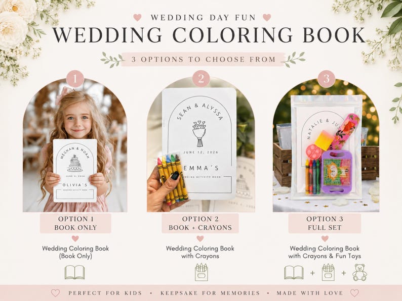 May include: A wedding coloring book set with three options: book only, book with crayons, and a full set including crayons and toys. The cover features an arched design with names, dates, and a line art illustration of a wedding cake or bouquet.