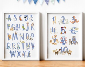 Blue Alphabet Print, Numbers Print, Animals Nursery Print, Nursery Wall Art, Boys Alphabet Print, Set of two prints, Animal Alphabet Poster