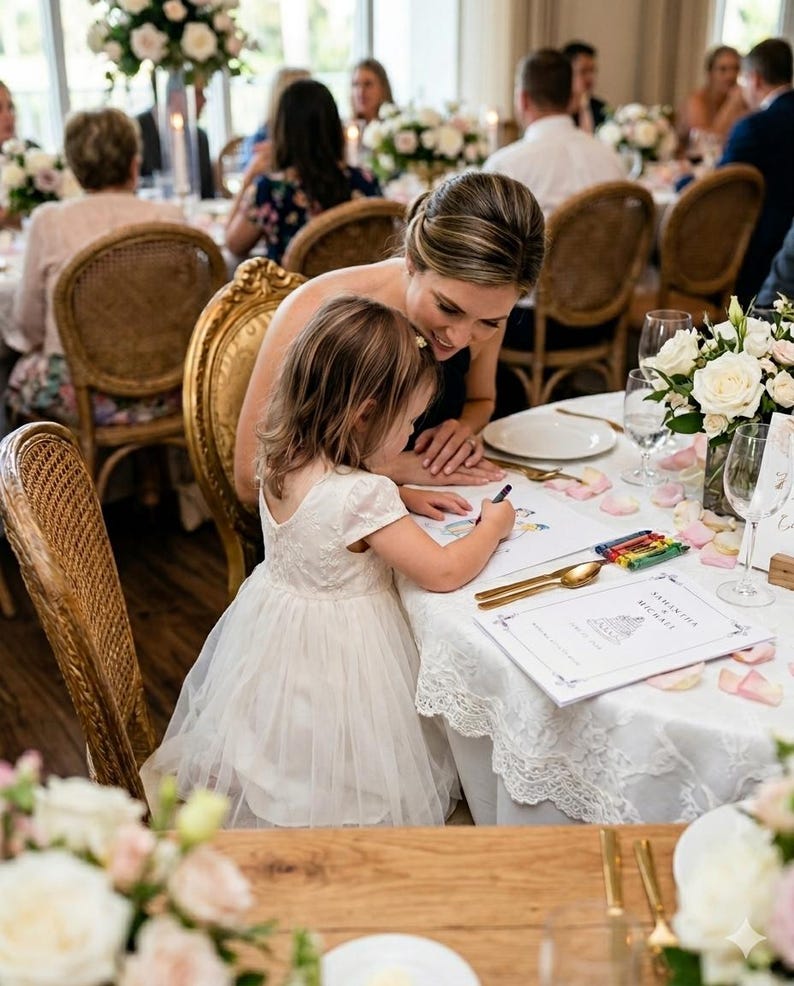 May include: A young child in a white dress with a lace bodice and tulle skirt sits at a round table, drawing on a paper with a black crayon. Beside the child, a wedding program reads Samantha & Michael, accompanied by gold cutlery and crayons.