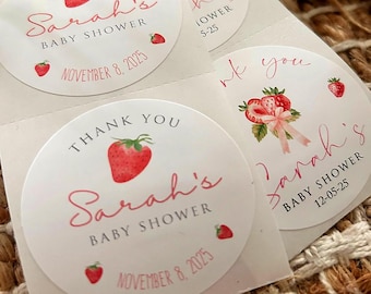 Personalized Strawberry Baby Shower Stickers – 1.5 inch  Round Party Favor Labels, “Berry Sweet” Thank You Tags, Fruit Theme