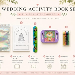 May include: A wedding activity book set containing a holographic zip bag, a mini activity book titled Natalie & Justin, a bear-themed slap bracelet, a purple ball maze labyrinth, four crayons, and a pink pop-it toy with a matching spring toy.