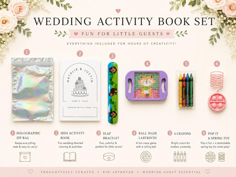 May include: A wedding activity book set containing a holographic zip bag, a mini activity book titled Natalie & Justin, a bear-themed slap bracelet, a purple ball maze labyrinth, four crayons, and a pink pop-it toy with a matching spring toy.
