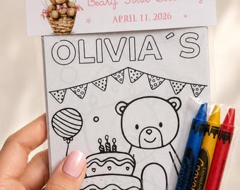 Personalized Bear First Birthday Coloring Pack, Teddy Crayon Activity Set, Pink Girl Party Favor Kit, Custom Keepsake Bag