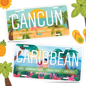 May include: Two colorful license plate style designs with a tropical beach theme. The top plate says "CANCUN" with a palm tree and a beach scene. The bottom plate says "CARIBBEAN" with a couple standing on a beach. Both plates say "ROYAL CARIBBEAN CRUISE" and "THOMAS FAMILY" with the year "JUNE 2023".