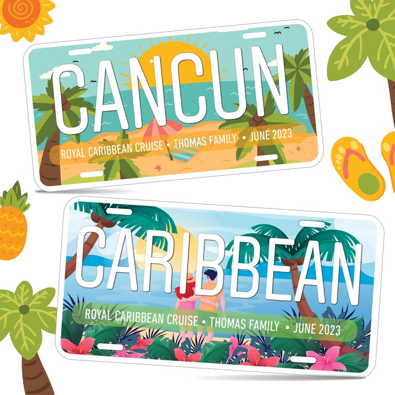 May include: Two colorful license plate style designs with a tropical beach theme. The top plate says "CANCUN" with a palm tree and a beach scene. The bottom plate says "CARIBBEAN" with a couple standing on a beach. Both plates say "ROYAL CARIBBEAN CRUISE" and "THOMAS FAMILY" with the year "JUNE 2023".