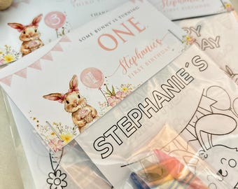 Personalized Bunny First Birthday Coloring Pack, Rabbit Crayon Activity Set, Pink Girl Party Favor Kit, Custom Keepsake Bag