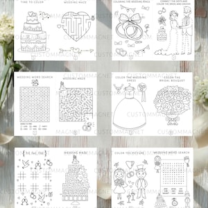 May include: A collection of wedding-themed activity sheets featuring black and white line art. The pages include mazes, word searches, tic-tac-toe, and coloring sections with illustrations of cakes, rings, dresses, bouquets, and a bride and groom.