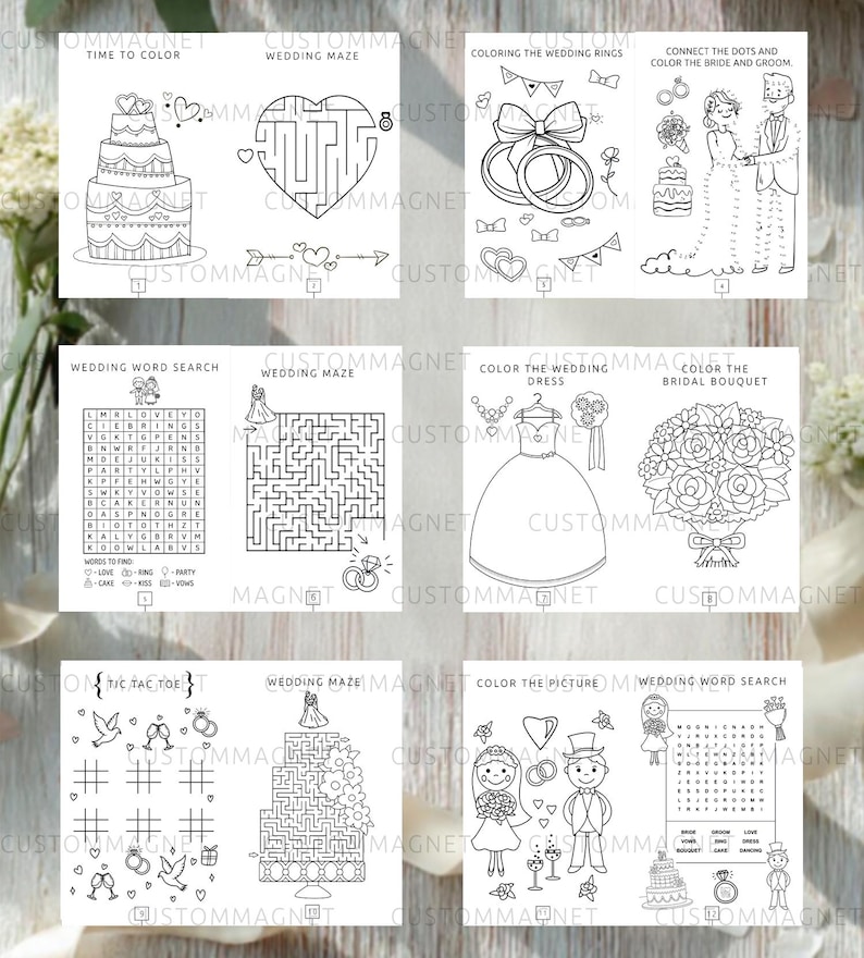 May include: A collection of wedding-themed activity sheets featuring black and white line art. The pages include mazes, word searches, tic-tac-toe, and coloring sections with illustrations of cakes, rings, dresses, bouquets, and a bride and groom.