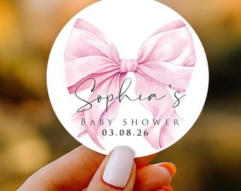 Baby Shower Stickers - Pink Bow Baby Shower Party Favor -  2" Round Birthday Sticker Labels Wedding Stickers - Gender Reveal Party Favor
