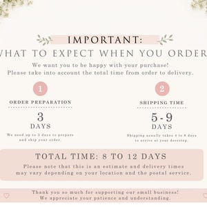 May include: A white informational graphic with floral accents at the corners. The text reads: IMPORTANT: WHAT TO EXPECT WHEN YOU ORDER. It outlines order preparation of 3 days and shipping time of 5-9 days, totaling 8 to 12 days for delivery.