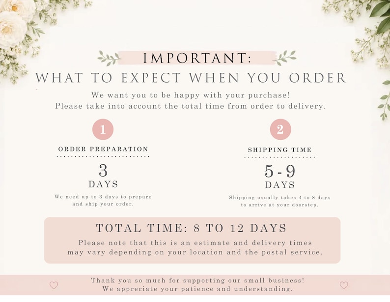 May include: A white informational graphic with floral accents at the corners. The text reads: IMPORTANT: WHAT TO EXPECT WHEN YOU ORDER. It outlines order preparation of 3 days and shipping time of 5-9 days, totaling 8 to 12 days for delivery.