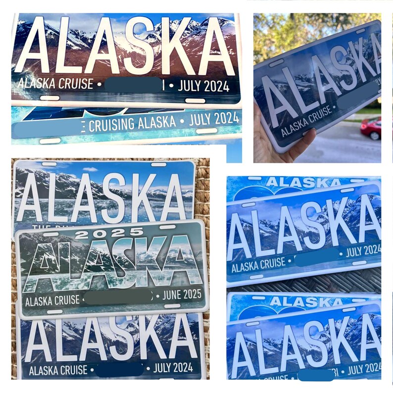 Peut inclure: Plaques d'immatriculation avec le mot "ALASKA" en blanc, avec des montagnes et de l'eau en arri&egrave;re-plan. Les plaques affichent &eacute;galement "ALASKA CRUISE" et des dates comme "JUILLET 2024" et "JUIN 2025".