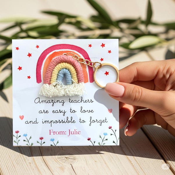 Personalized Rainbow Teacher Keychain Gift Set: Thank You Card & Magnet Options - Secret Santa Gift