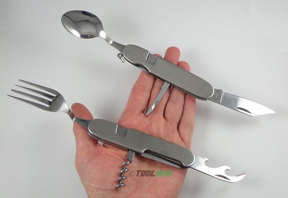 2 Sets 4 in 1 Eating Utensils Stainless Steel Camp Hiking Fork Knife Can  Opener