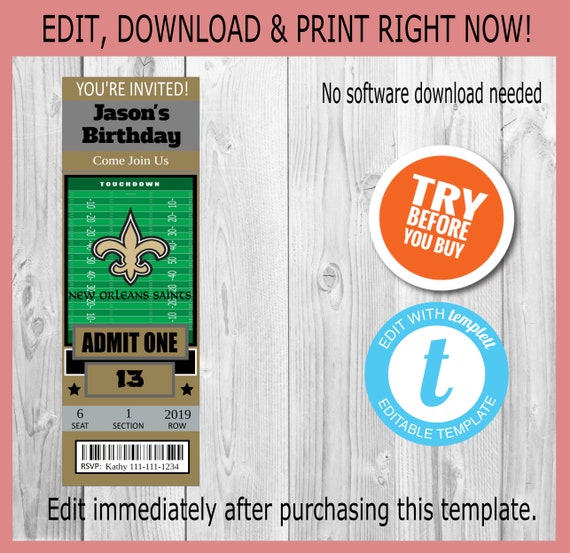 New Orleans Saints Custom 2x6 Ticket Invitation Editable Etsy