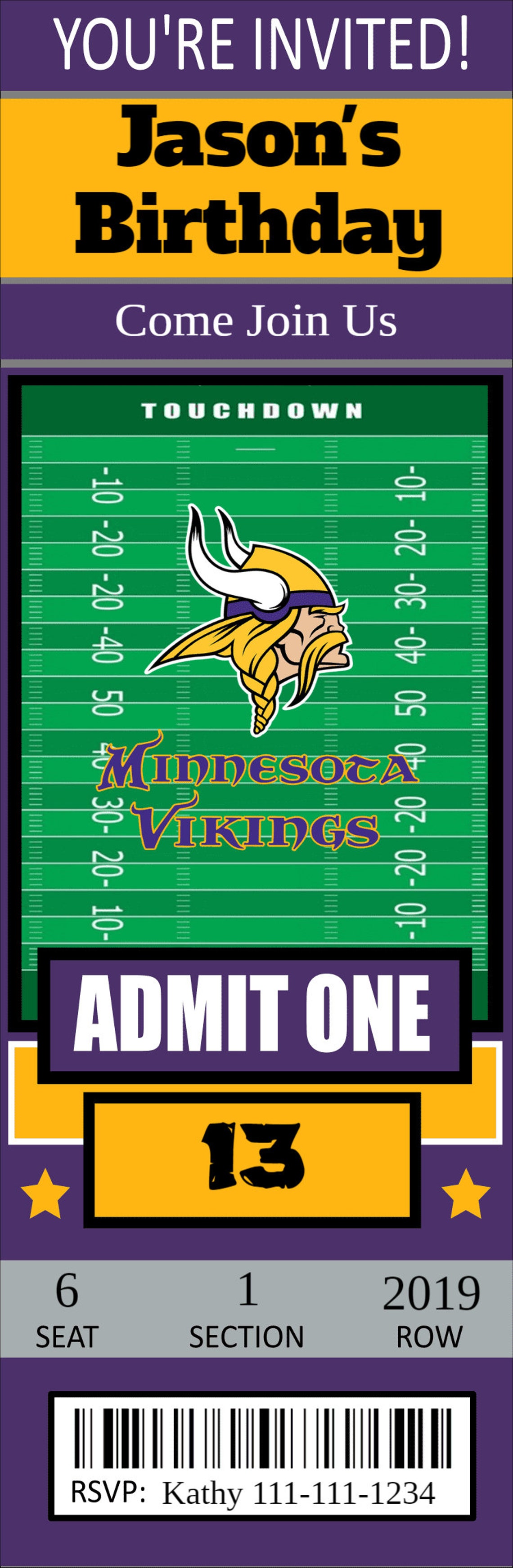 Minnesota Vikings Custom 2x6 Ticket Invitation Editable Etsy