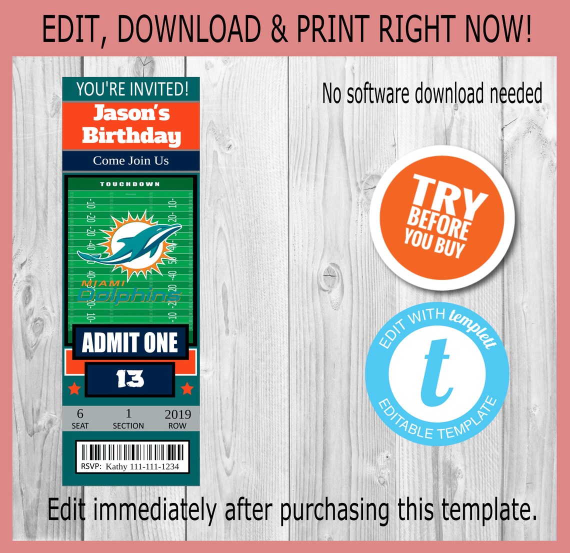 Miami Dolphins Custom 2x6 Ticket Invitation Editable Etsy